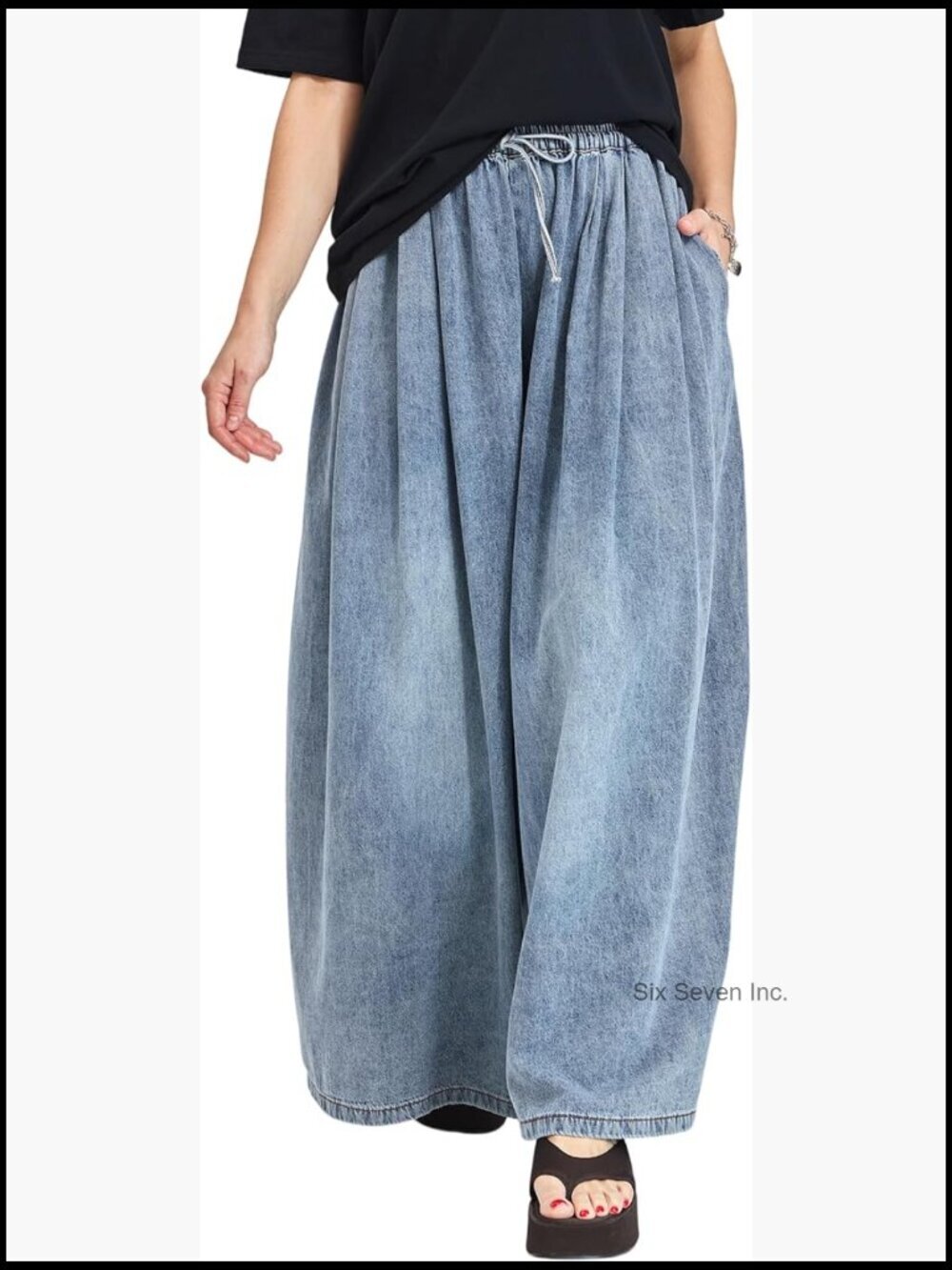 Wide Leg Denim Pants Elastic Waist with Pockets Plus Size Loose Casual Jeans